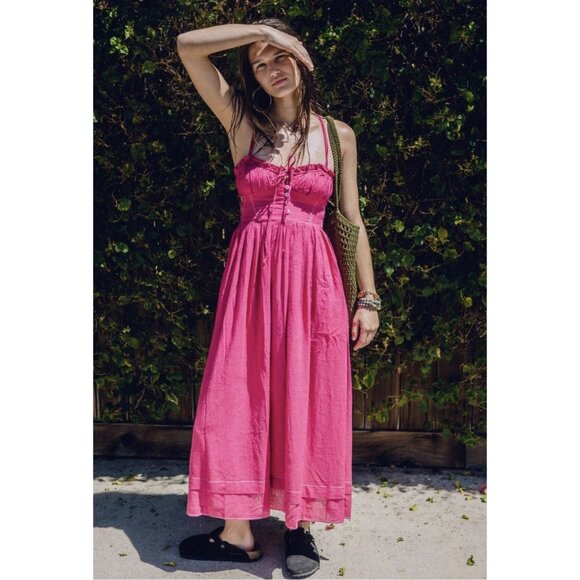 Urban Outfitters Cora Pink Linen Open Back Midi Open Back Dress Size Small - Picture 7 of 7